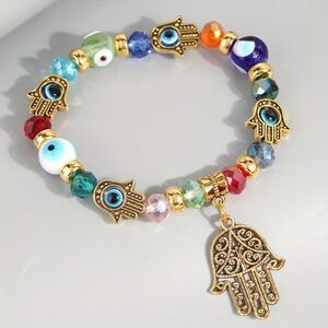 Blue Evil Eye Beaded Stretch Bracelet Fatima Palm Charm Chakra Karma Positive